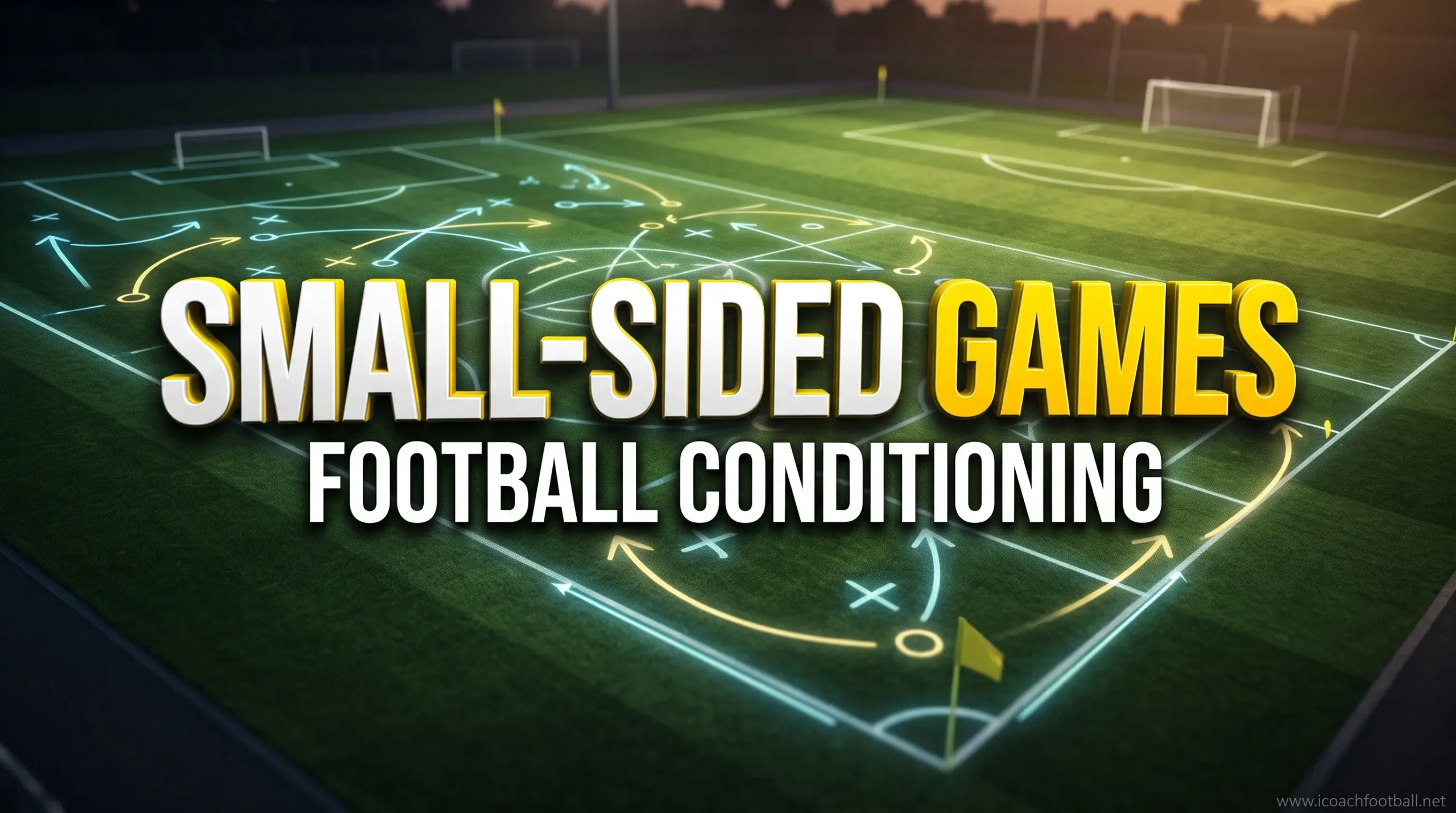3D digital tactical board with the text Small-Sided Games Football Conditioning, representing a professional guide and PDF for soccer fitness drills.