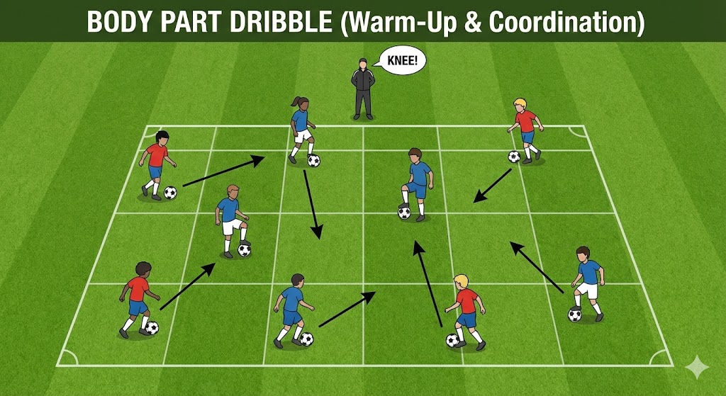 10 Fun U8 Soccer Drills & Games: No Lines, 100% Engagement 2 Diagram of the Body Part Dribble U8 warm-up game, showing players dribbling in a grid and stopping the ball with their knee.