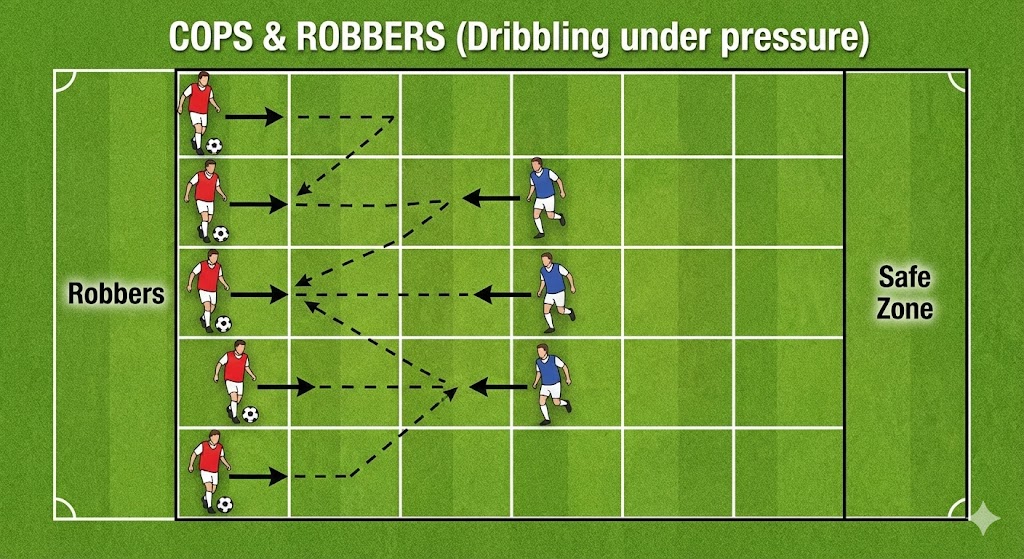 10 Fun U8 Soccer Drills & Games: No Lines, 100% Engagement 9 Diagram of the Cops and Robbers U8 fun drill, showing dribblers trying to cross a grid while defenders try to steal their balls.