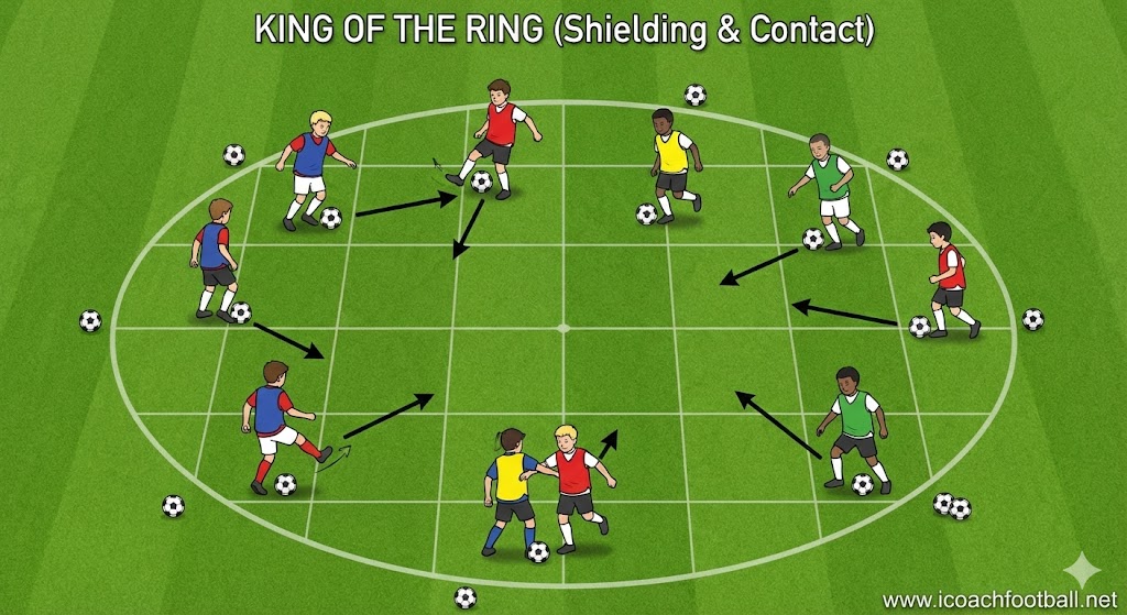 10 Fun U8 Soccer Drills & Games: No Lines, 100% Engagement 10 Diagram of the King of the Ring shielding drill for U8 soccer, showing players protecting their ball inside a circle.