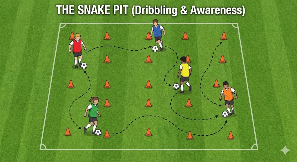 10 Fun U8 Soccer Drills & Games: No Lines, 100% Engagement 3 Diagram of the Snake Pit U8 soccer drill, showing players dribbling through random cones inside a grid.