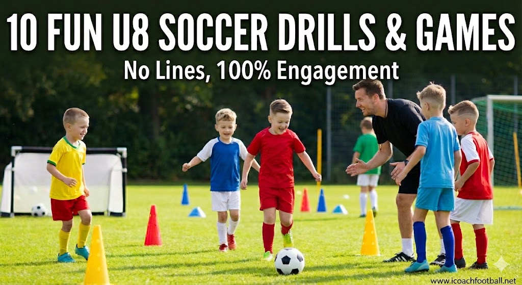 Group of happy U8 soccer players dribbling balls during a fun training game, representing the modern no-lines coaching method.