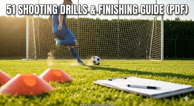 A soccer player strikes a ball during a training session, with a graphic overlay showing the title '51 SHOOTING DRILLS & FINISHING GUIDE (PDF)' and a tactical clipboard and tablet.