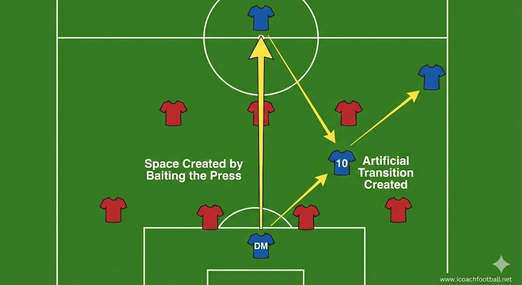 De Zerbi tactical diagram illustrating an "artificial transition" where a vertical pass breaks the opponent's lines to find a player in space.