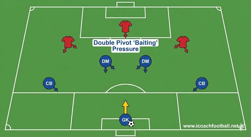 Tactical diagram showing Roberto De Zerbi's deep build-up structure and double pivot used to bait opposition pressure.