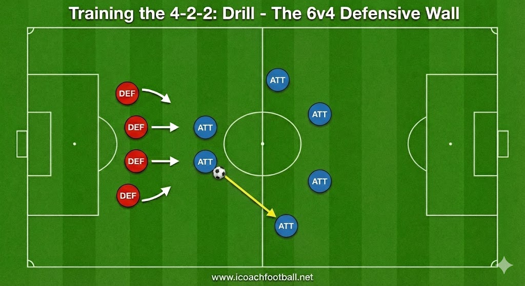 Tactical soccer diagram of 'The 6v4 Defensive Wall' drill. Displays a compact Back Four (Red) defending against a wide attacking line (Blue). The Blue wingers are positioned high and wide to stretch the Red defense, forcing them to communicate and slide as a unit.