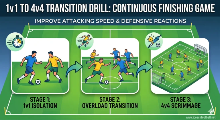 3-stage infographic for the 1v1 to 4v4 transition drill showing isolation, overloads, and a 4v4 scrimmage.