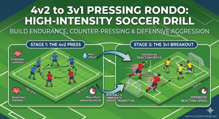 Infographic of the 4v2 to 3v1 pressing rondo showing the 4v2 press and the transition to the 3v1 breakout.