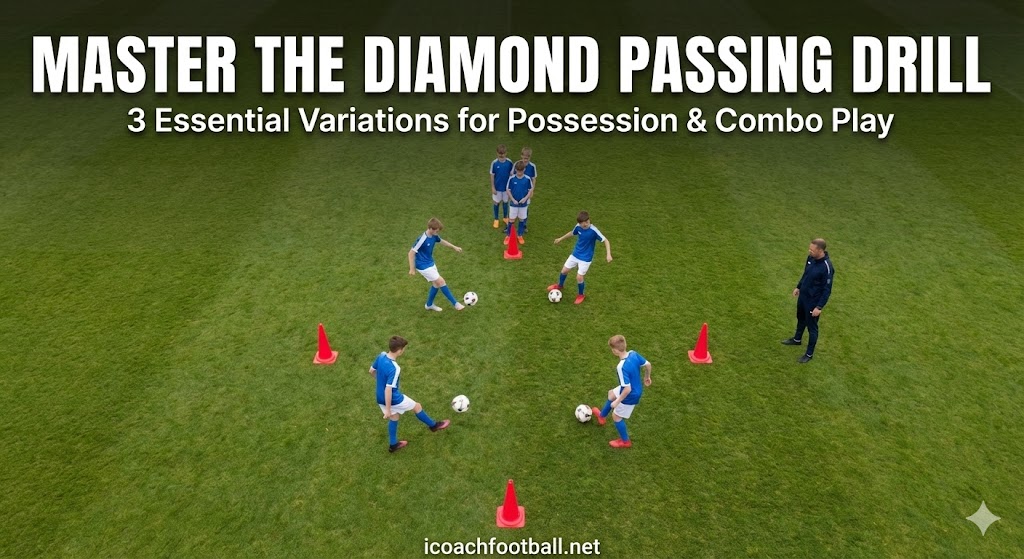 A top-down drone photograph of a youth soccer team performing a diamond passing drill on a grass field. Six players pass balls using their feet around four red cones arranged in a large diamond shape, supervised by a coach. The image features title text: 'MASTER THE DIAMOND PASSING DRILL: 3 Essential Variations for Possession & Combo Play'