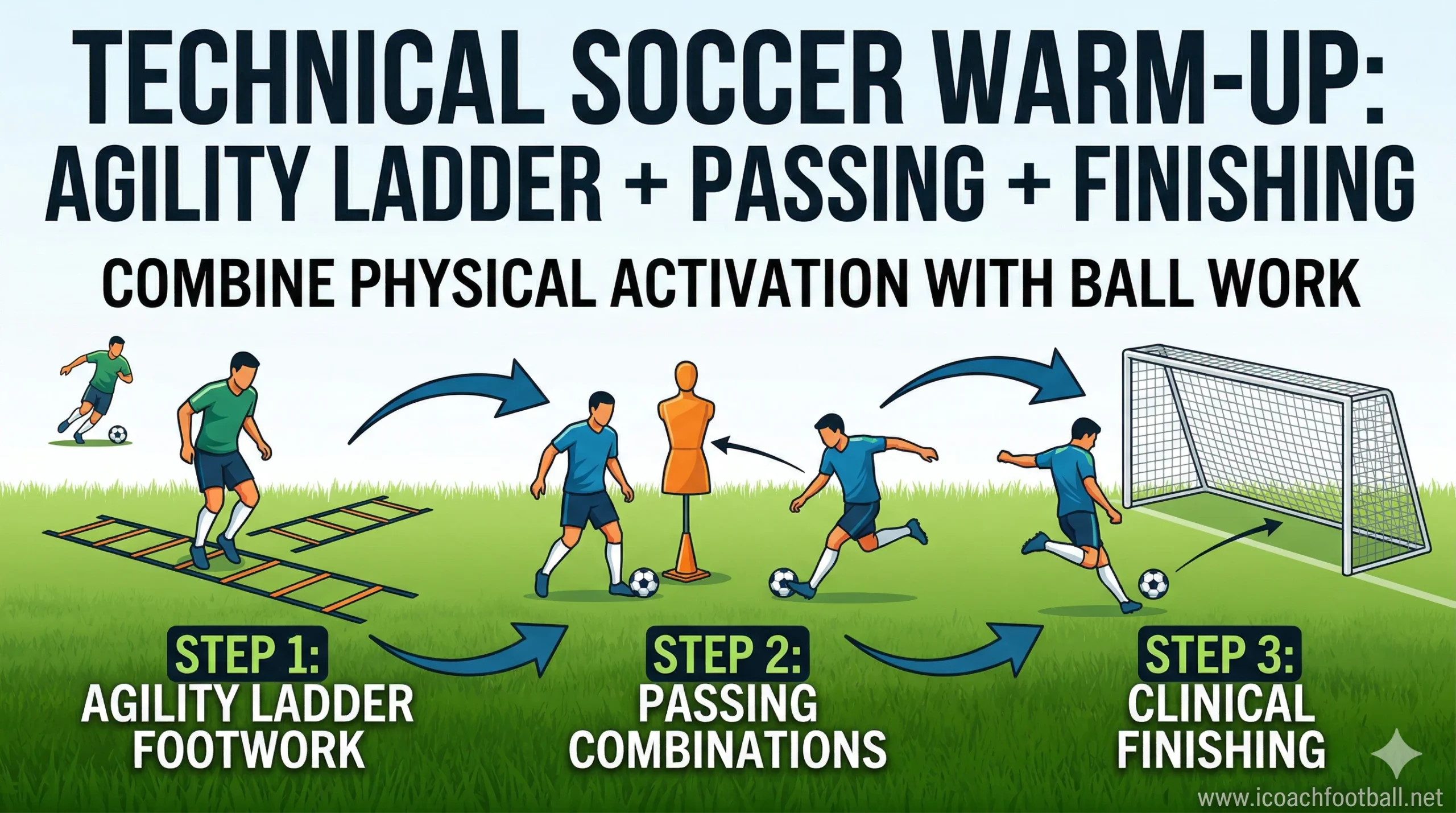 Infographic of soccer agility ladder drills with passing and finishing.