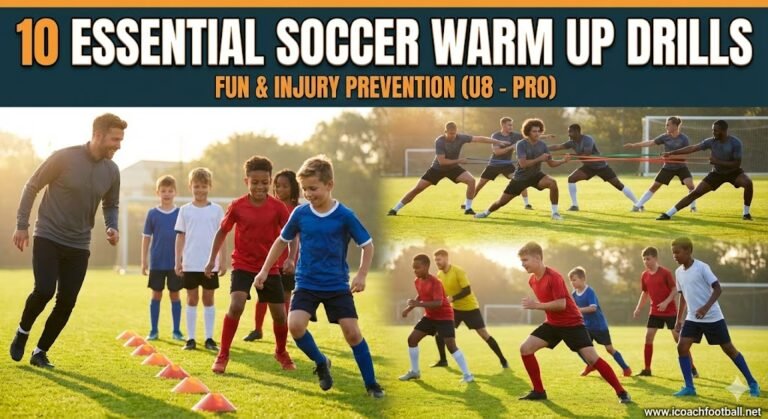 Featured image for the Soccer Warm Up Drills guide, showing a dual scene: youth players playing a fun tag game on the left, and elite players performing a tactical rondo on the right.