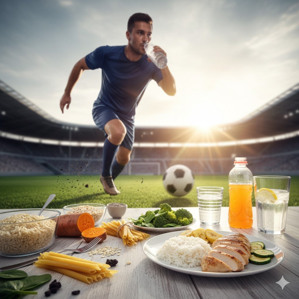 Soccer player hydrating and meal prep on a stadium background, representing pre-game nutrition secrets for peak performance