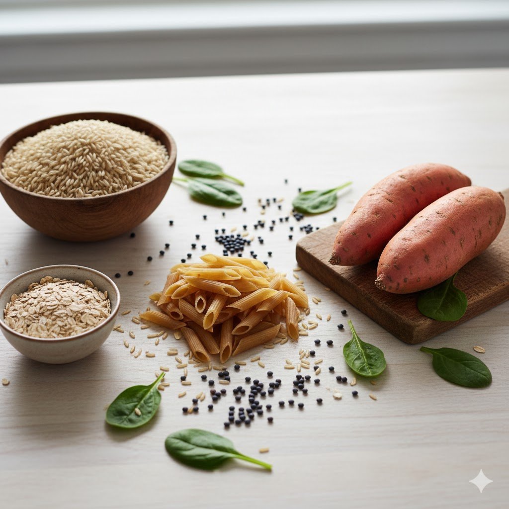 Selection of complex carbohydrates, including brown rice, sweet potatoes, and pasta, for a soccer player's 48-hour pre-game nutrition strategy