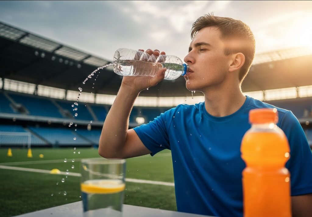 Soccer player hydrating with water and sports drink, emphasizing the importance of fluid intake for pre-game performance and preventing dehydration