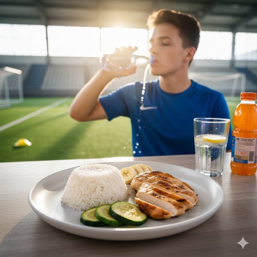 Ideal pre-game nutrition meal for soccer players: lean grilled chicken breast with white rice and banana for sustained energy