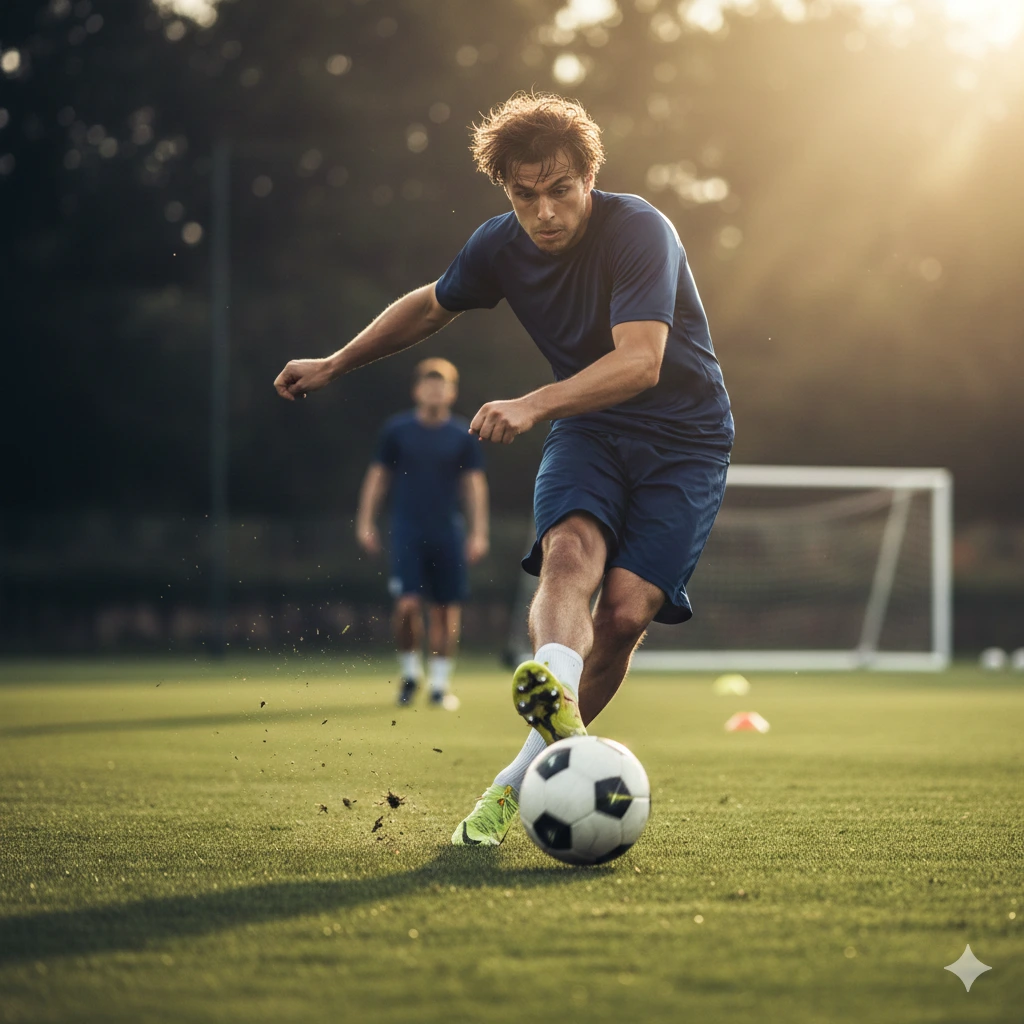 Dynamic shot of a soccer player striking the ball during high-intensity training, embodying essential soccer training tips