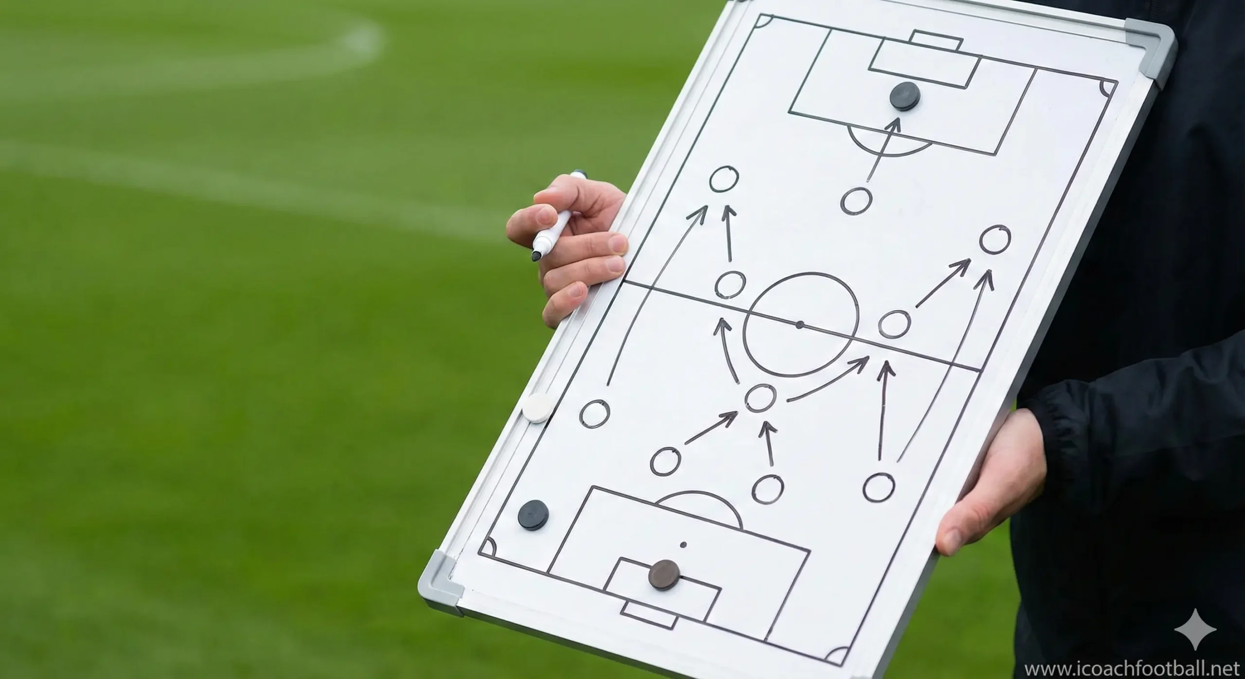 Soccer coach holding a tactical whiteboard with a 4-3-3 formation drawn on it