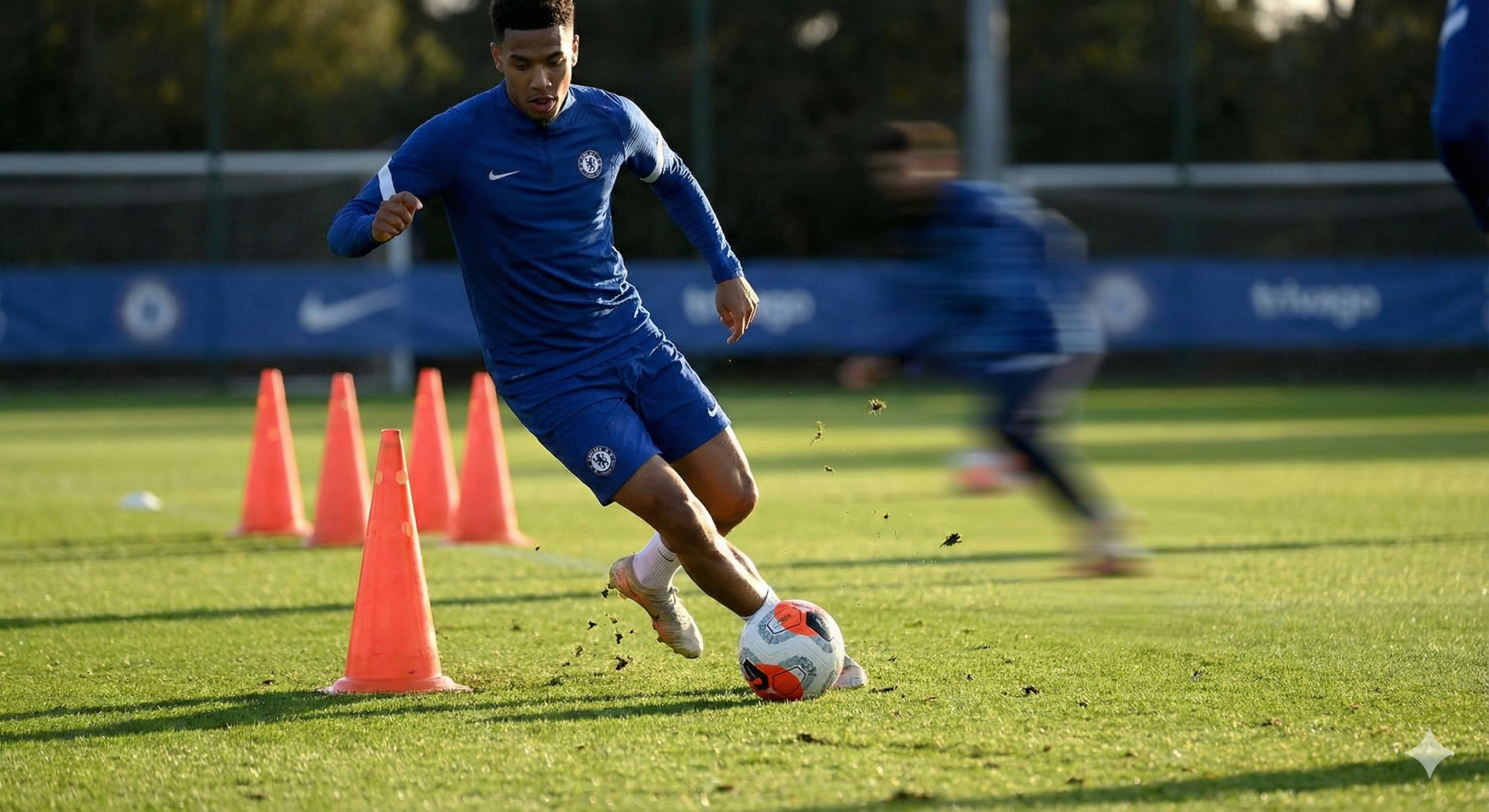 Professional soccer player performing a high-speed agility drill with a ball through cones on a training pitch.