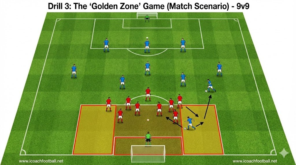 9v9 soccer match diagram highlighting the golden zone half spaces to beat park the bus tactics.