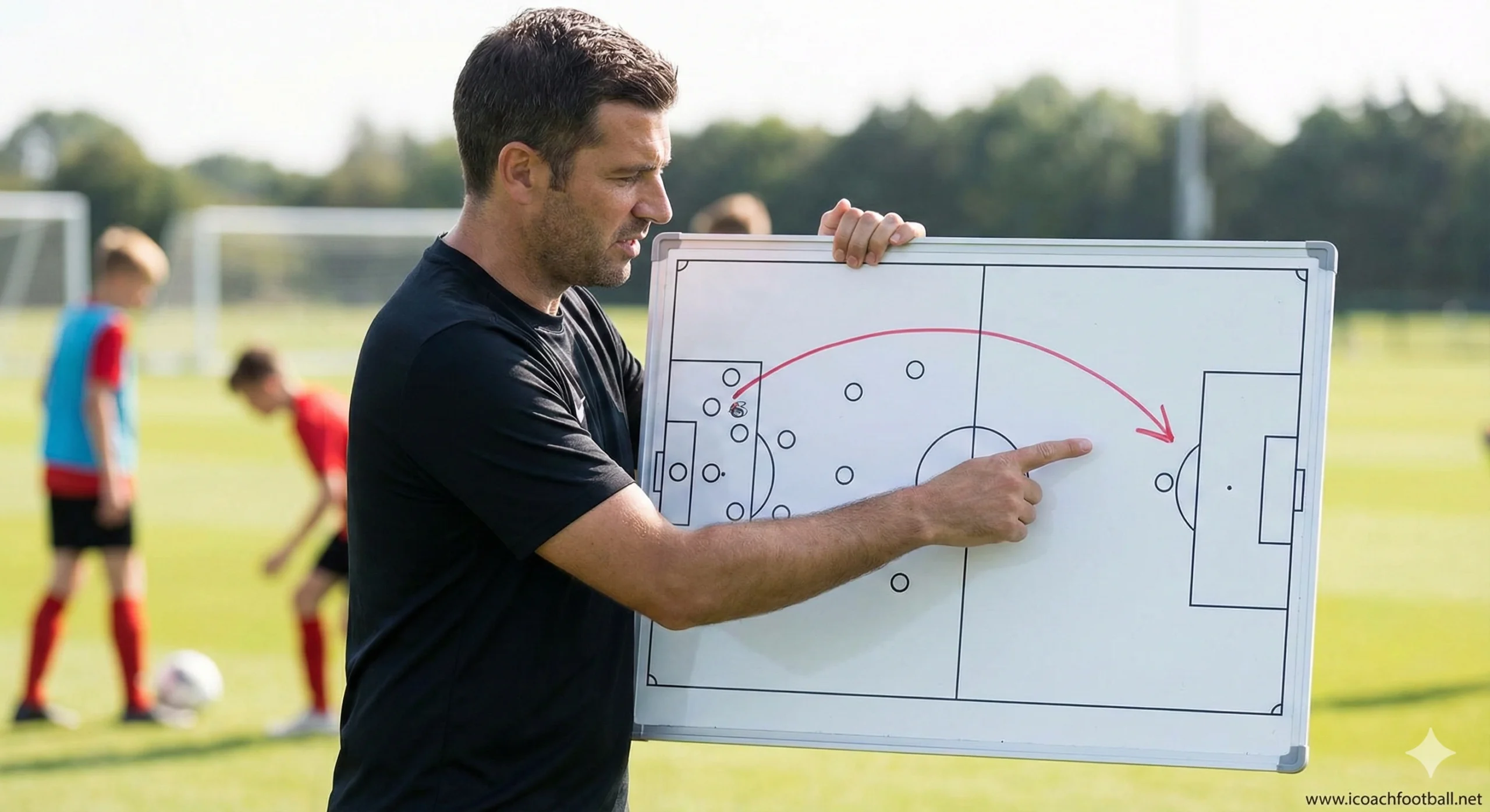 Soccer coach teaching switching the play tactics on a whiteboard