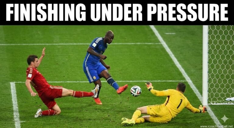 Soccer striker in blue jersey shooting at goal while a red jersey defender slides to block, under the text FINISHING UNDER PRESSURE.