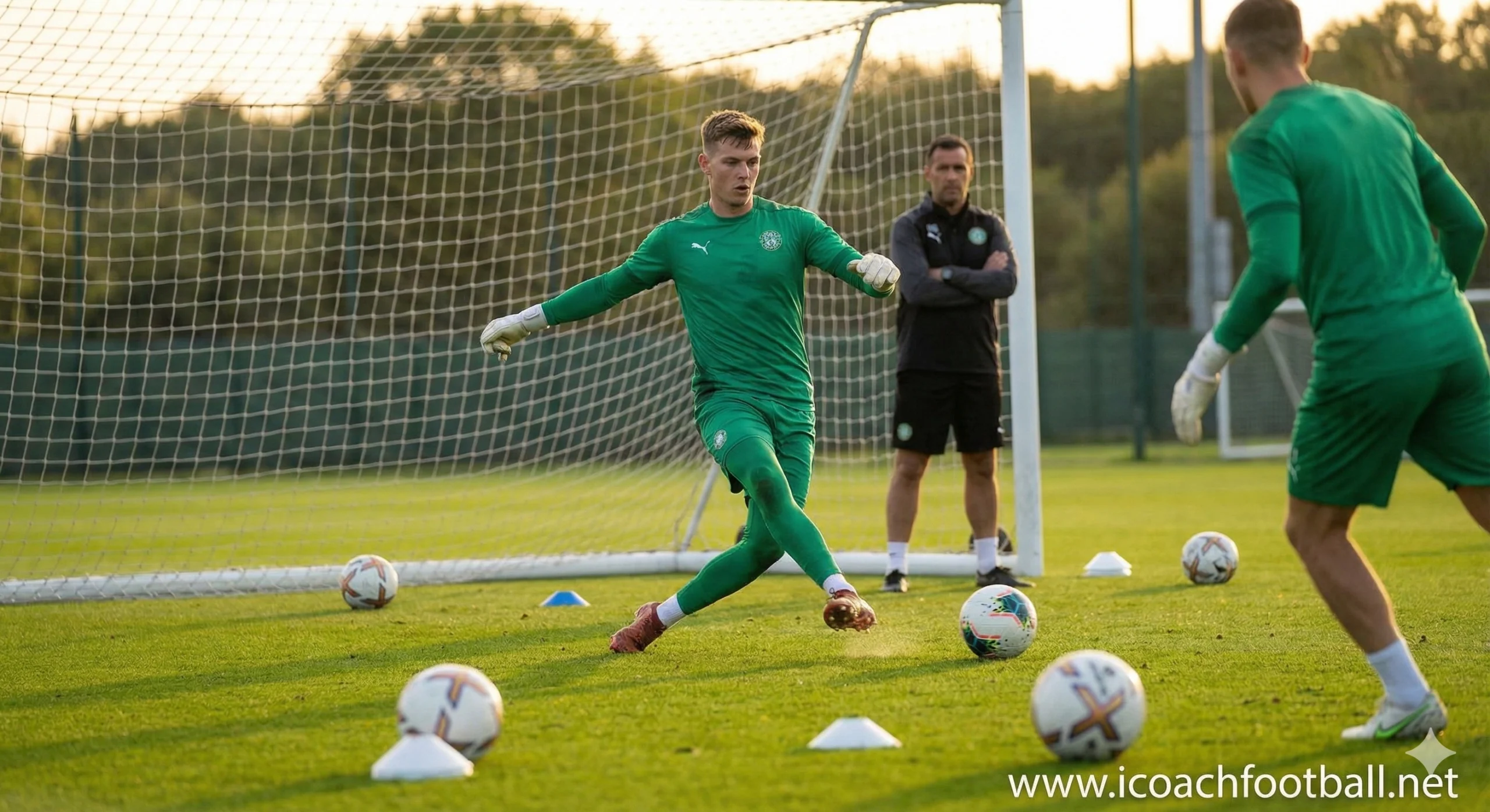 Soccer goalkeeper practicing distribution technique playing out from the back on a green training pitch