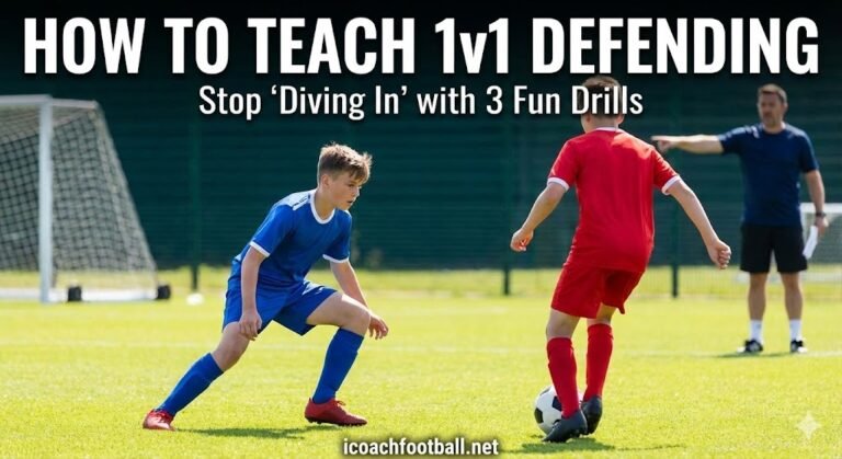 A youth soccer defender in a low, side-on jockeying stance, containing an attacker with the ball on a grass pitch. A coach watches in the background. Text on the image reads: 'HOW TO TEACH 1v1 DEFENDING: Stop 'Diving In' with 3 Fun Drills'