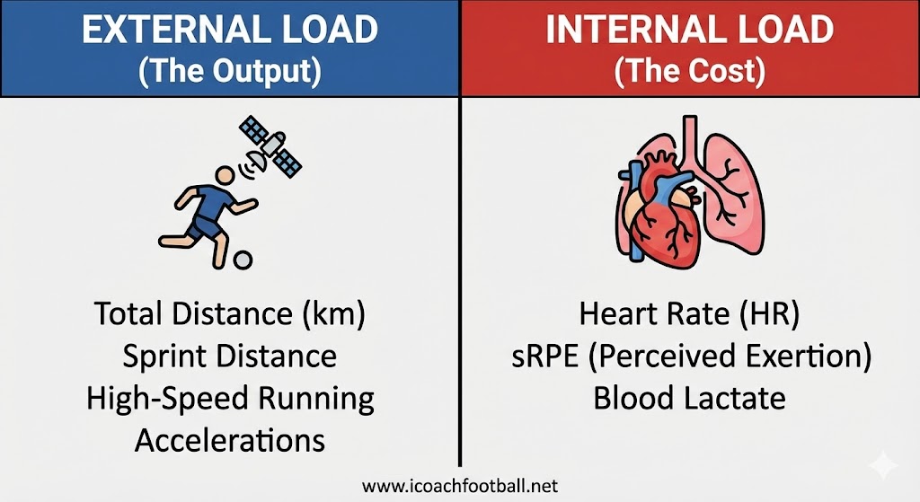 Training Load in Soccer: The Complete Guide to Injury Prevention (GPS & sRPE) 2 Infographic comparing External Load metrics like GPS distance versus Internal Load metrics like heart rate and sRPE in soccer.
