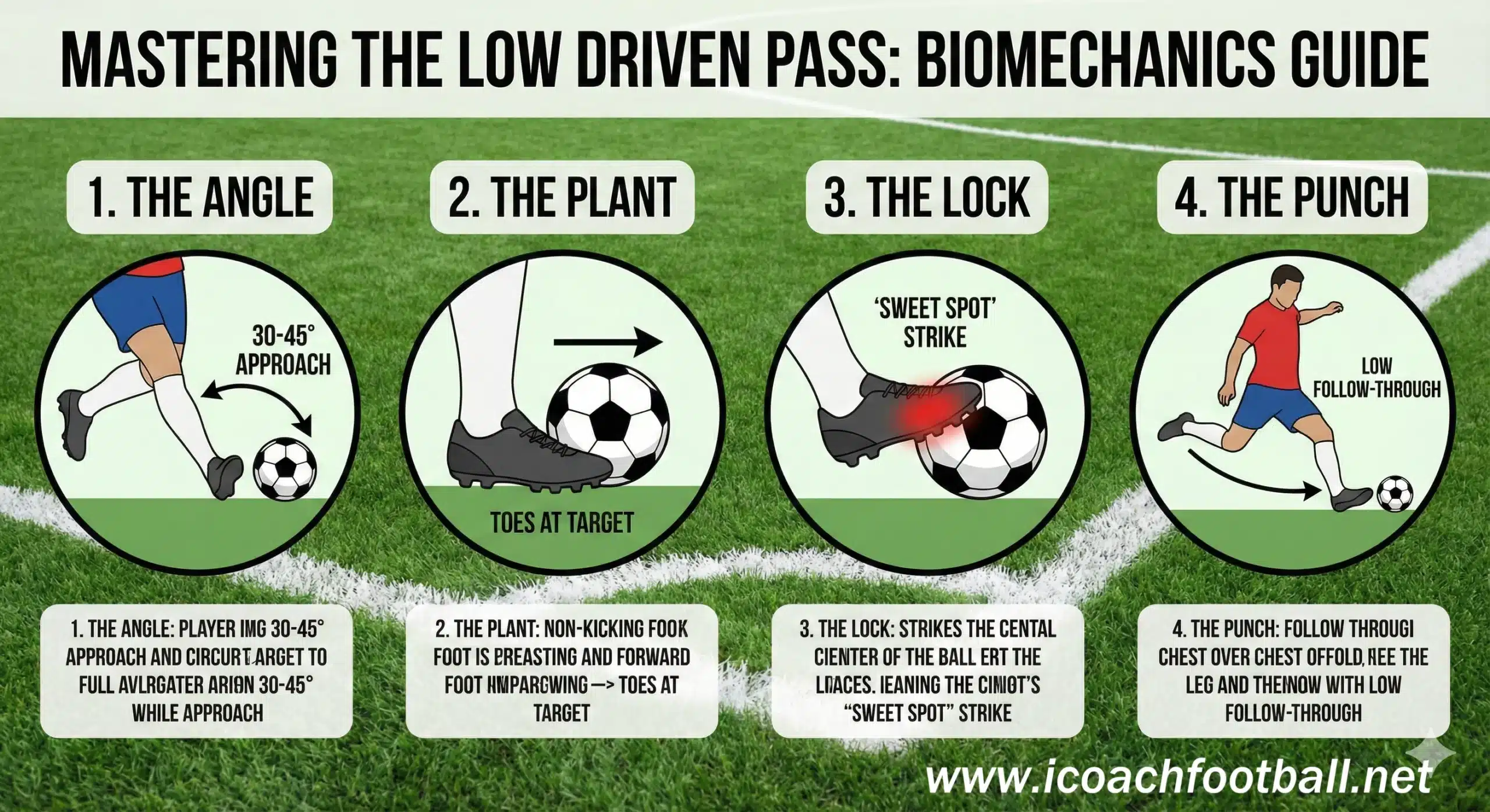Infographic guide on the biomechanics of a low driven pass in soccer