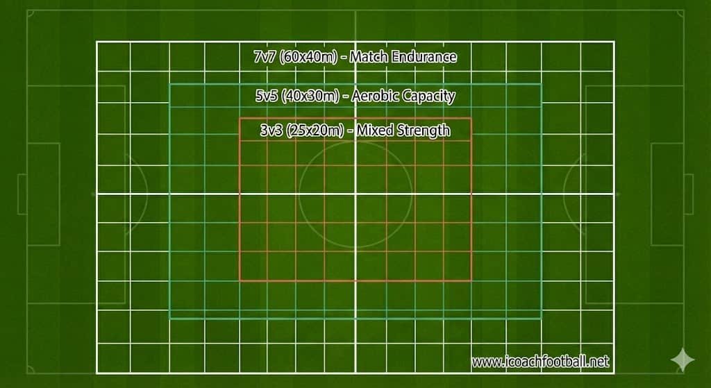 Soccer pitch dimension guide showing correct grid sizes for 3v3, 5v5, and 7v7 training drills according to UEFA standards.
