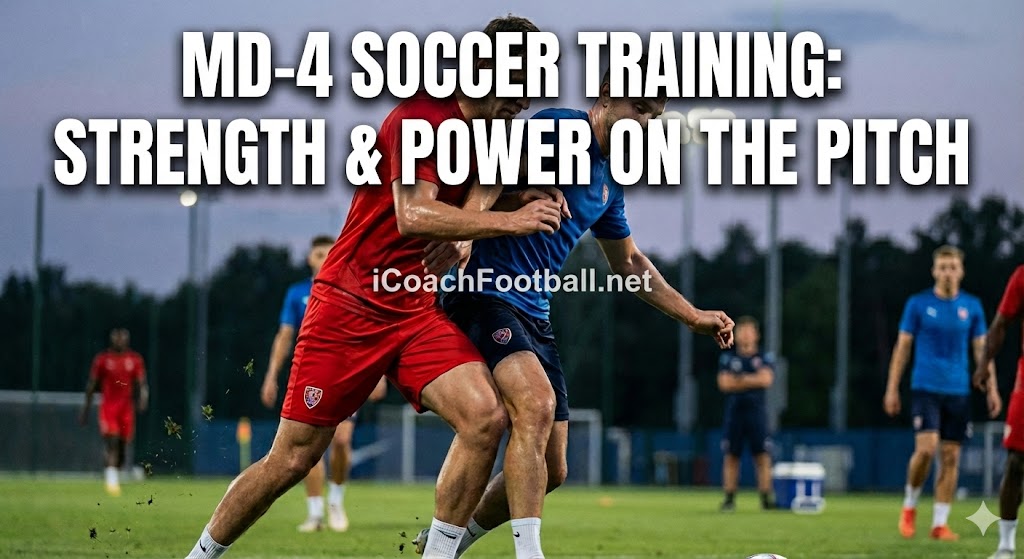 Professional soccer players in an intense shoulder-to-shoulder physical duel during an MD-4 strength training session. The image highlights muscular tension and integrated football conditioning.