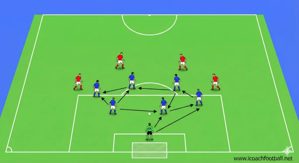 Goalkeeper playing out from back rondo drill 6v4 diagram