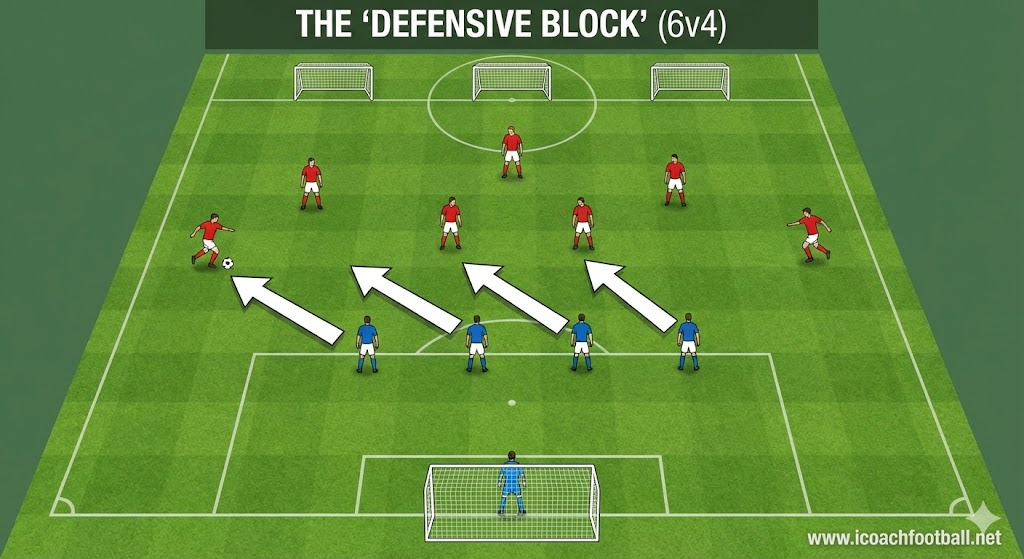 A tactical soccer diagram for a defensive shape drill. It shows a 40m x 30m grid with 6 Red Attackers vs 4 Blue Defenders. The Blue defenders are linked by arrows showing them sliding laterally as a group to protect the main goal. Text reads: "Defensive Block: 6v4 Compactness". www.icoachfootball.net.