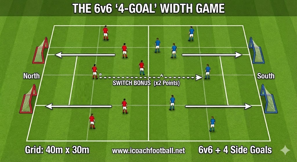 A tactical soccer diagram labeled 'The 6v6 4-Goal Width Game'. It shows a 40m wide by 30m long pitch with two mini-goals on the left sideline and two on the right. Red and Blue players are positioned in a 6v6 format. Arrows indicate attacking width, and a dotted line shows a cross-field pass labeled 'SWITCH BONUS (x2 Points)'. Bottom text reads 'Grid: 40m x 30m'.