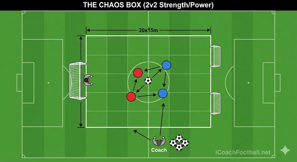 The MD-4 Protocol (Strength & Power) 3 2D Soccer Tactical Diagram of the "Chaos Box" drill. A 2v2 small-sided game played in a 20x15m grid to develop explosive power and braking strength through frequent changes of direction.