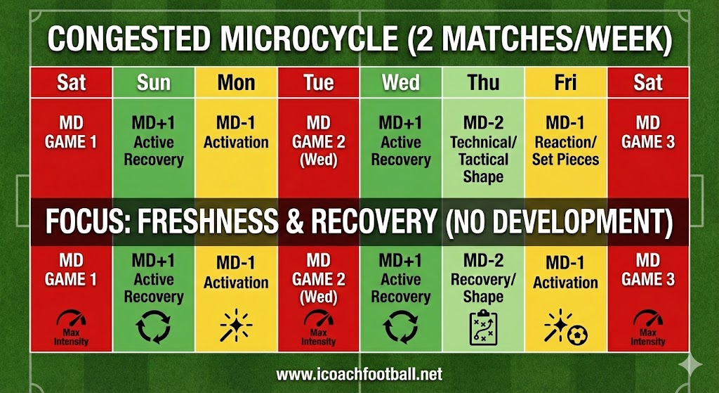 Soccer training schedule for a 2-game week (Saturday-Wednesday) highlighting the balance between Active Recovery and light Technical/Tactical activation sessions.