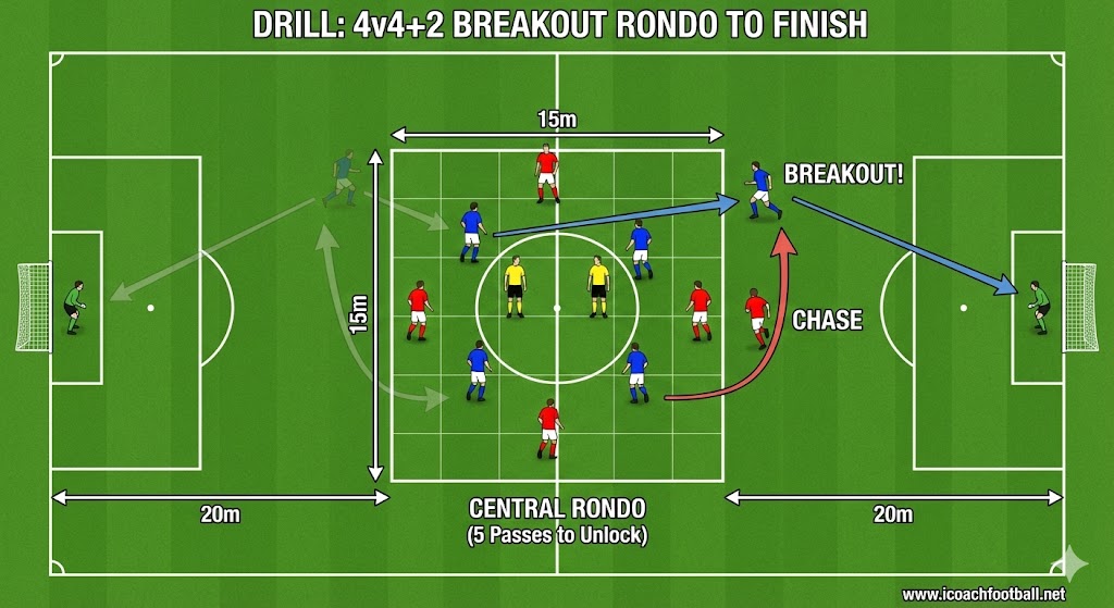 Tactical soccer diagram of a 4v4+2 breakout rondo to finish drill, showing possession in a central 15m grid and an attacker sprinting out to score against a goalkeeper with a defender chasing.