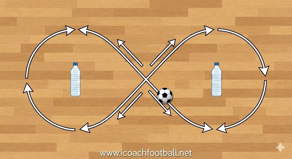 A diagram showing a "Figure 8" path for dribbling a soccer ball around two water bottles. www.icoachfootball.net.