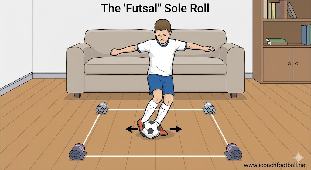 Youth soccer player performing the Futsal Sole Roll drill indoors to improve ball mastery and close control using the sole of the foot.