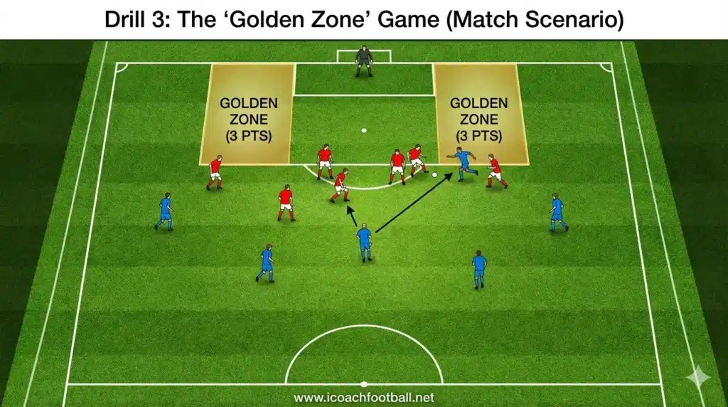 9v9 soccer match diagram highlighting the golden zone half spaces to beat park the bus tactics.