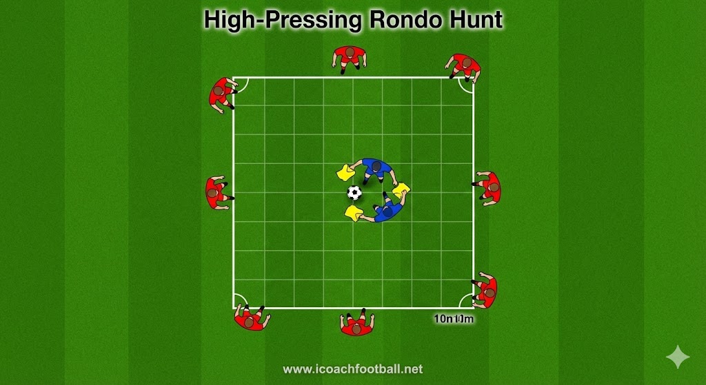 Stop Running Laps: 4 Soccer Endurance Drills with the Ball 4 A diagram of a 10x10m square. 6 players on the outside, 2 defenders in the middle hunting the ball aggressively. "www.icoachfootball.net".