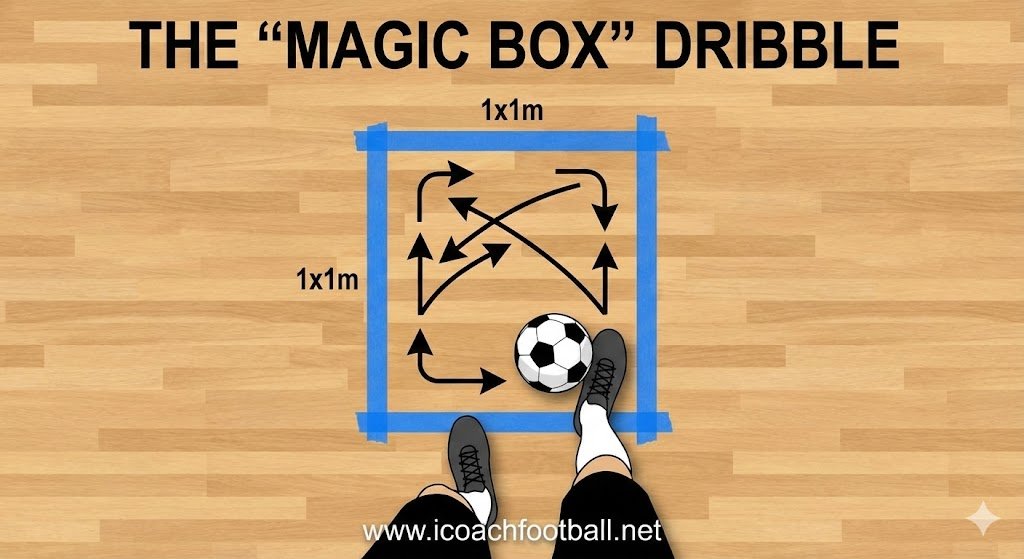 A diagram showing tight dribbling turns inside a small square marked with blue tape. www.icoachfootball.net.