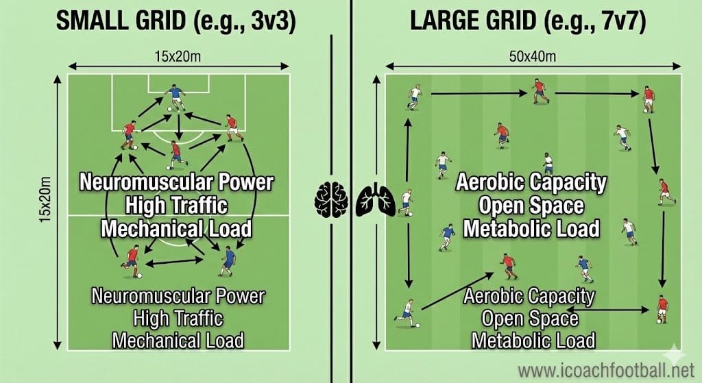 Diagram comparing small sided games pitch sizes: 3v3 grid for neuromuscular power versus 7v7 grid for aerobic capacity.