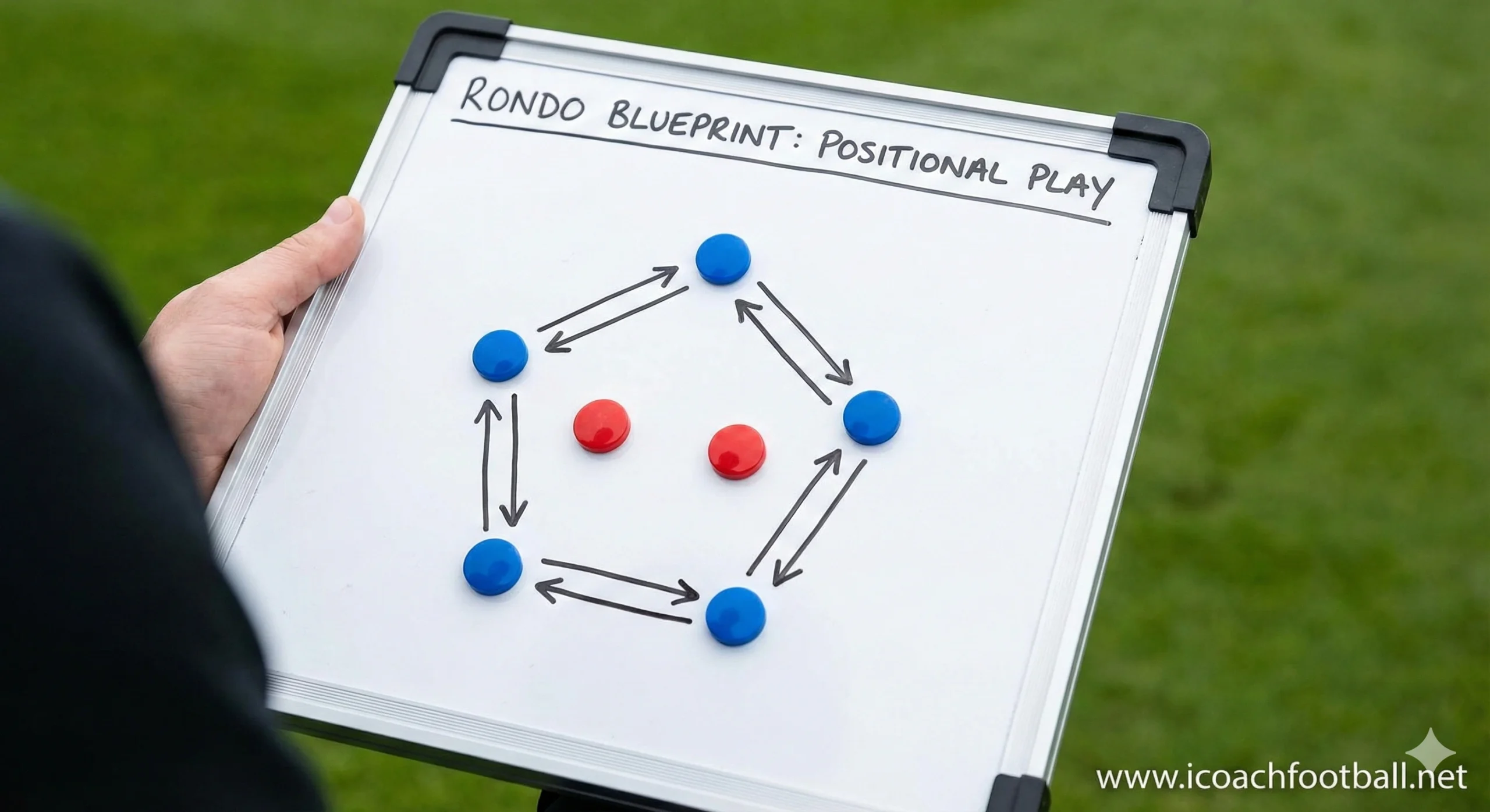 Coach holding a tactical whiteboard showing a 5v2 rondo positional play diagram