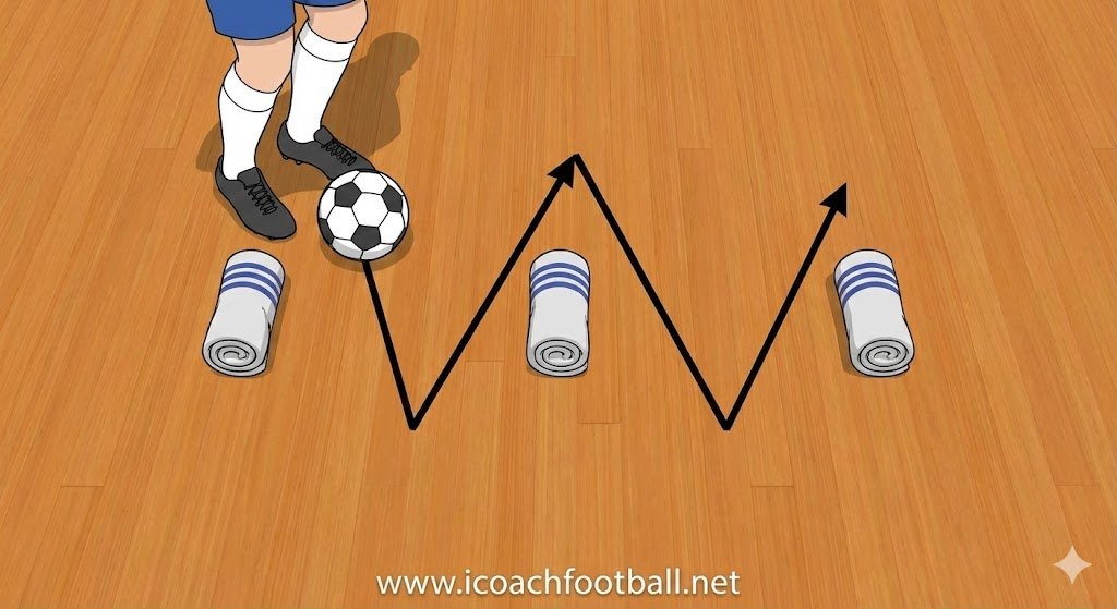 A diagram showing a player dribbling zig-zag through three pairs of rolled-up socks on a wooden floor. www.icoachfootball.net.