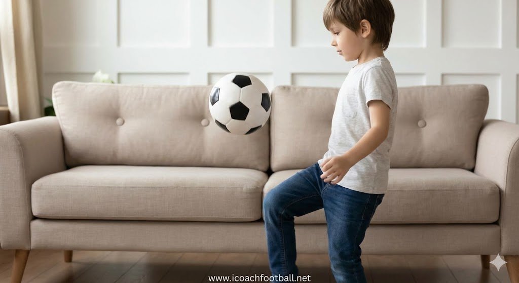 A young boy gently tossing a soccer ball against a sofa cushion to practice control. www.icoachfootball.net.