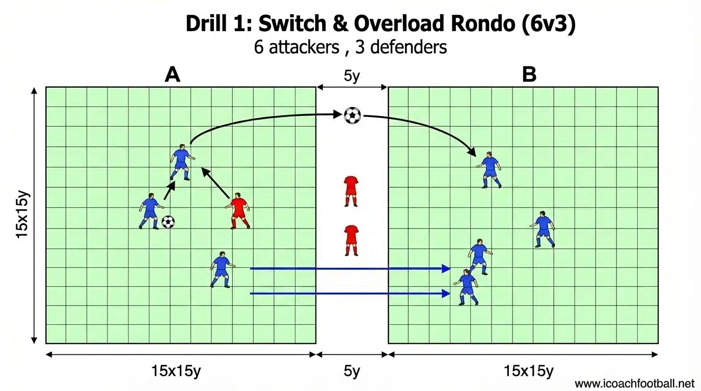 Tactical soccer diagram showing a 6v3 switching play rondo to beat a low block defense.