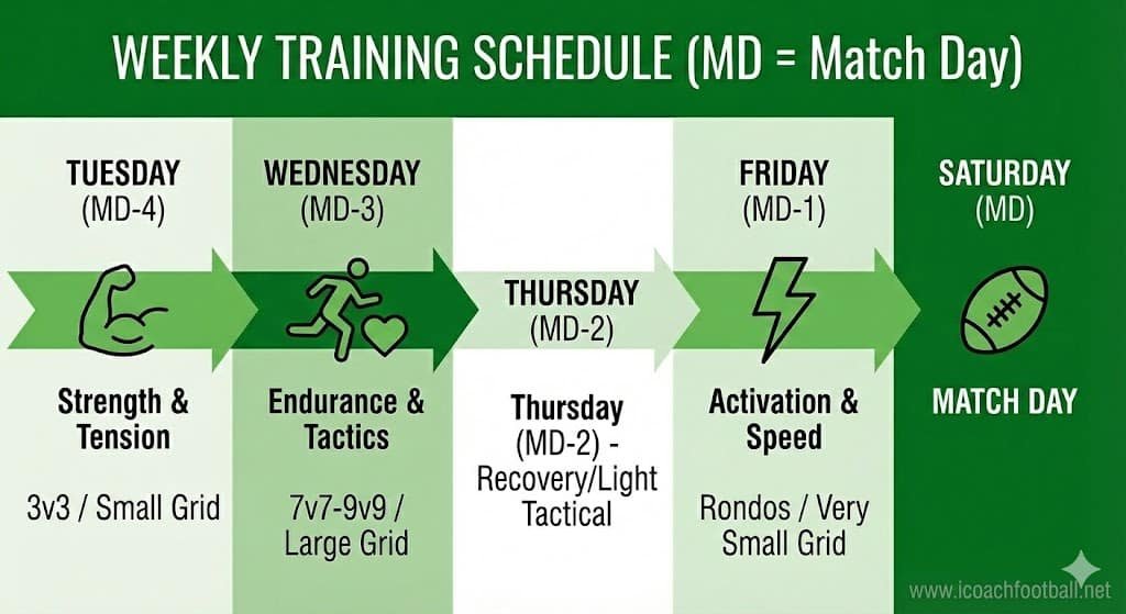 Weekly soccer training microcycle timeline showing Tactical Periodization for MD-4 Strength, MD-3 Endurance, and MD-1 Speed.