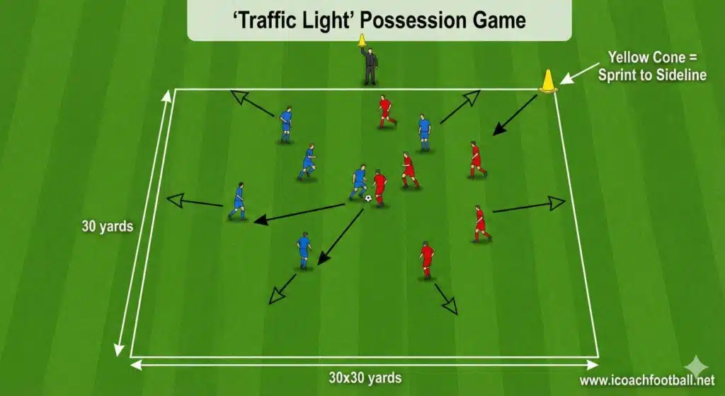 4v4 small sided game diagram for cognitive training where players react to colored cones to improve awareness and decision making.