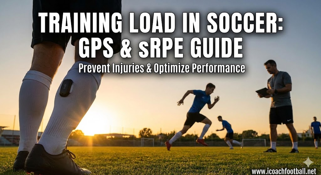 Featured image for the Training Load in Soccer guide, showing a player with a GPS tracker and a coach observing a training session.